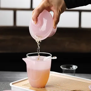 Modern pink glass Gaiwan tea set with Gaiwan and Fair Cup for Kung Fu tea brewing