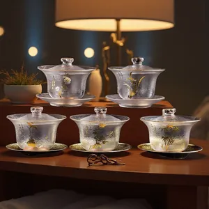 Handbemaltes Gaiwan-Teeschalen-Set aus Kristallglas mit Goldrand und feinen Blumenmotiven