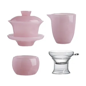 Elegant pink glaze Kung Fu tea set including Gaiwan fair cup and strainer for home