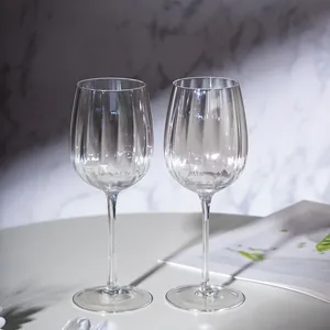 Elegant handcrafted crystal glass red wine glasses with vertical stripes, set of 2 goblets