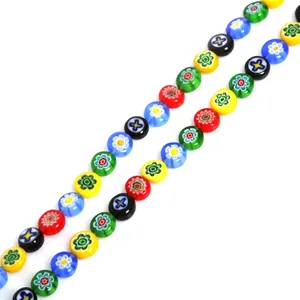 Handmade flat round Millefiori glass beads with colorful flower patterns for DIY jewelry