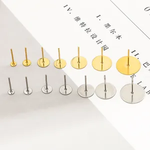 Detailed macro view of various sizes of stainless steel flat pad earring posts for DIY jewelry