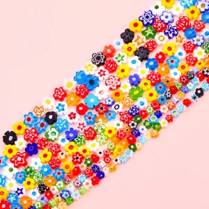 Close-up of colorful Millefiori glass flower beads for handmade DIY jewelry making