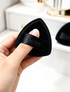 Detailed 3-step guide for ALYAN black triangular makeup puff with soft Rubycell texture