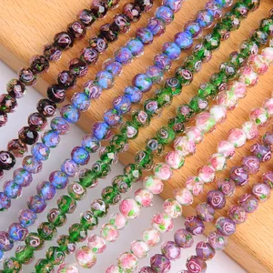 Gold Sand Lampwork Faceted Wheel Loose Beads Rose Flower Inlaid Glass Beads For DIY Jewelry Making Bracelets Necklaces
