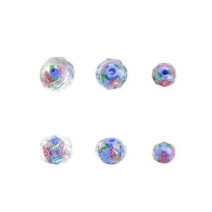 Faceted lampwork glass beads for DIY jewelry making with blue floral sandwich core
