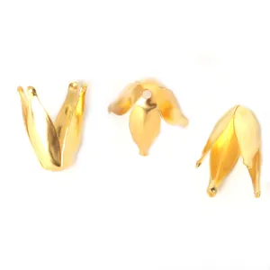 Gold flower bead caps for DIY jewelry making, showing three different angles on white