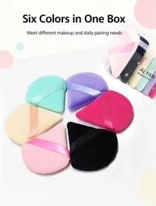 Set of 6 colorful triangle flocked powder puffs in clear storage case