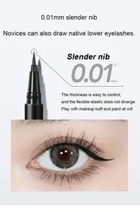 Primer plano del delineador de ojos con punta fina de 0,01 mm y resultados de maquillaje.