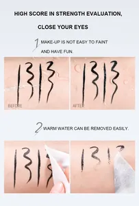 Detalle que muestra la prueba de impermeabilidad y eliminación fácil del eyeliner.