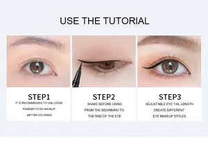 Tutorial de maquillaje en tres pasos para aplicar el delineador líquido negro resistente al agua.