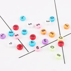 Detailed macro shot of colorful round acrylic beads with black printed numbers 0 to 9