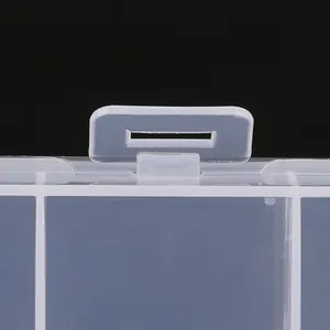 Dettaglio ravvicinato del gancio e della chiusura della scatola in plastica chiara