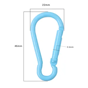 Technical detail of a light blue gourd-shaped aluminum carabiner hook with 46mm length