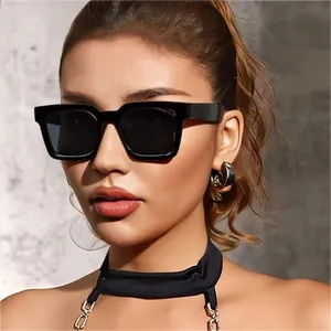Gros plan d'un modèle portant des lunettes de soleil carrées noires épaisses de luxe