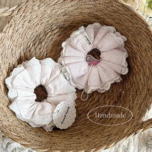 Korean Style Handmade Lace Scrunchies Polka Dot Floral Pattern Cotton Satin Hair Ties Sweet Retro Hair Accessories For Women