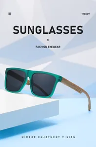 Dettaglio degli occhiali da sole quadrati alla moda con stanghette in legno.