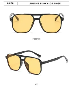Detailansichten der quadratischen Pilotenbrille mit orangefarbenen Gläsern und Nieten.