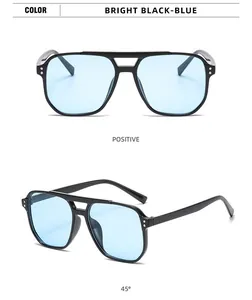 Detailansicht der quadratischen Pilotenbrille mit schwarzem Rahmen und blauen Gläsern