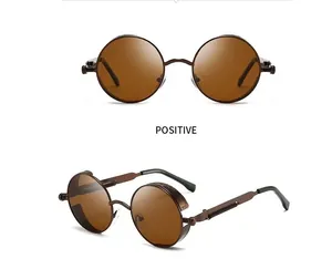 Vue détaillée de lunettes de soleil steampunk avec verres ronds bruns et branches à ressort