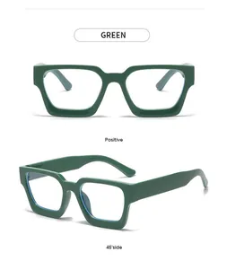 Detailansichten der grünen Sonnenbrille mit dickem quadratischem Rahmen in zwei Winkeln