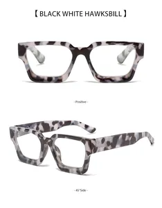 Detailansicht der dicken quadratischen Brille aus Frontal- und 45-Grad-Winkel.