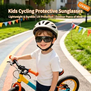 Close-up of child wearing protective cycling sunglasses outdoors for UV protection.