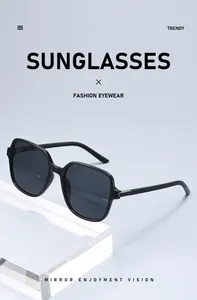 Detail shot of square black sunglasses on a minimalist transparent acrylic block