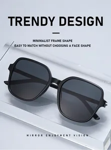 Detailed view of trendy black square-frame sunglasses on a modern acrylic display.