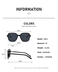 Detailed specifications and dimensions for women's square frame fashion sunglasses