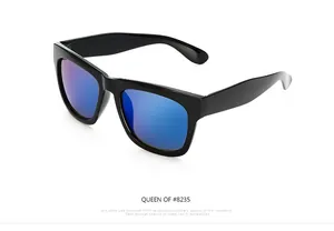 Detailed side view of square black frame sunglasses with blue mirrored lenses