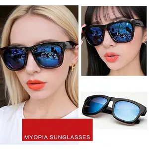 Trendy black square myopia sunglasses with blue mirrored lenses for women.