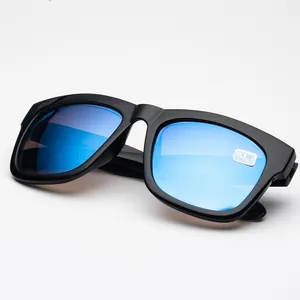 Stylish square frame prescription sunglasses with blue mirrored lenses for outdoor travel.