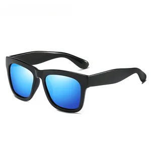 Modern square frame sunglasses for women with vibrant blue mirrored lenses and black finish