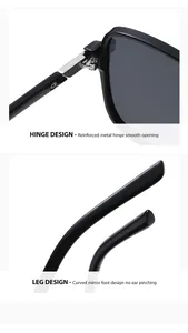 Detail of square sunglasses showing reinforced metal hinge and curved temple tips.