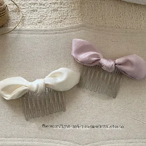 Sweet Satin Bow Hair Comb Rabbit Ear Style French Retro Bowknot Hairpin Accessory For Women Girl Hairstyling