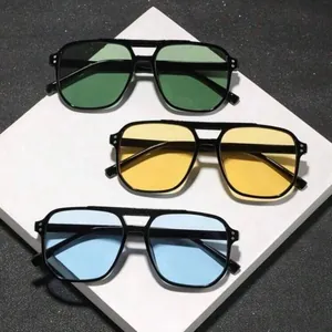 Mode Quadratische Doppelbrücke Piloten Sonnenbrille Mit Nietendekoration PC UV400 Sonnenschutz Brille Für Damen Herren