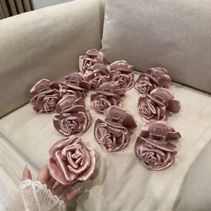 French Vintage Elegant Satin Rose Flower Hair Claw Clip Elegant Fabric Large Floral Hair Tie Scrunchies For Women Daily Party Hair Accessories