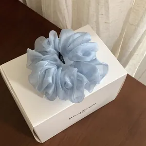 Nahaufnahme eines hellblauen Organza-Haargummis mit schimmernder Textur