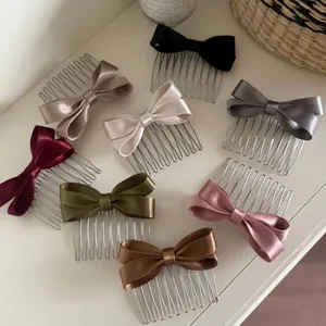 Korean Sweet Satin Bow Hair Comb Vintage Elegant Ribbon Hairpin For Women Daily Party High Top Hair Accessories