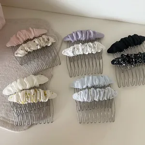 French Vintage Floral Mesh Pleated Side Hair Comb Sweet Elegant Alloy Hairpin Accessory For Women Daily Party Wedding