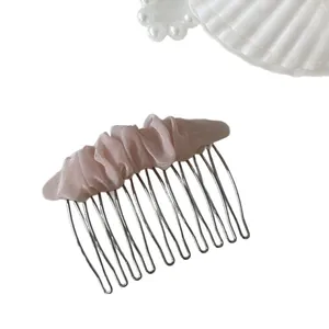 Elegant pink mesh ruffled hair comb accessory with silver metal teeth for side styling