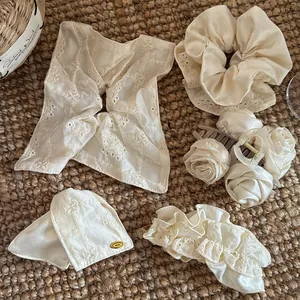 Franse Vintage Satijn Kant Scrunchie Polka Dot Strik Haarklem Banaanclip Crème Wit Elegante Haarelastiekjes Voor Dames