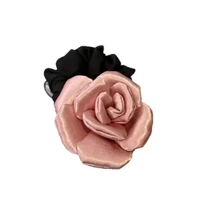 Elegant French style pink fabric rose hair claw clip for women's stylish hair accessories