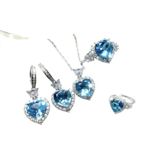 Elegante set di gioielli Cuore dell'Oceano in cristallo blu con collana orecchini e anelli