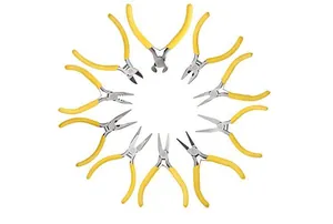 Set of 10 yellow jewelry pliers arranged in a circle for DIY crafts and beading.