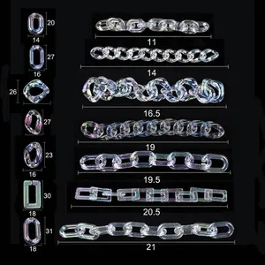 Assorted iridescent acrylic chain links in multiple styles with measurements for DIY jewelry