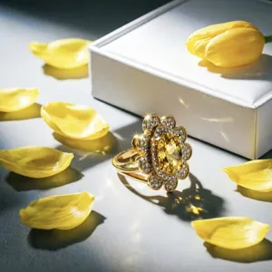 Dettaglio squisito di un anello a fiore di lusso in oro con una gemma gialla ovale grande