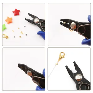 Four-step tutorial showing how to use jewelry crimping pliers to secure beads on a wire