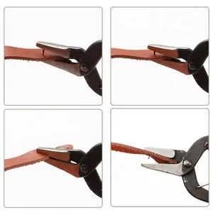Close-up detail of DIY multifunctional pliers punching holes into a leather strap